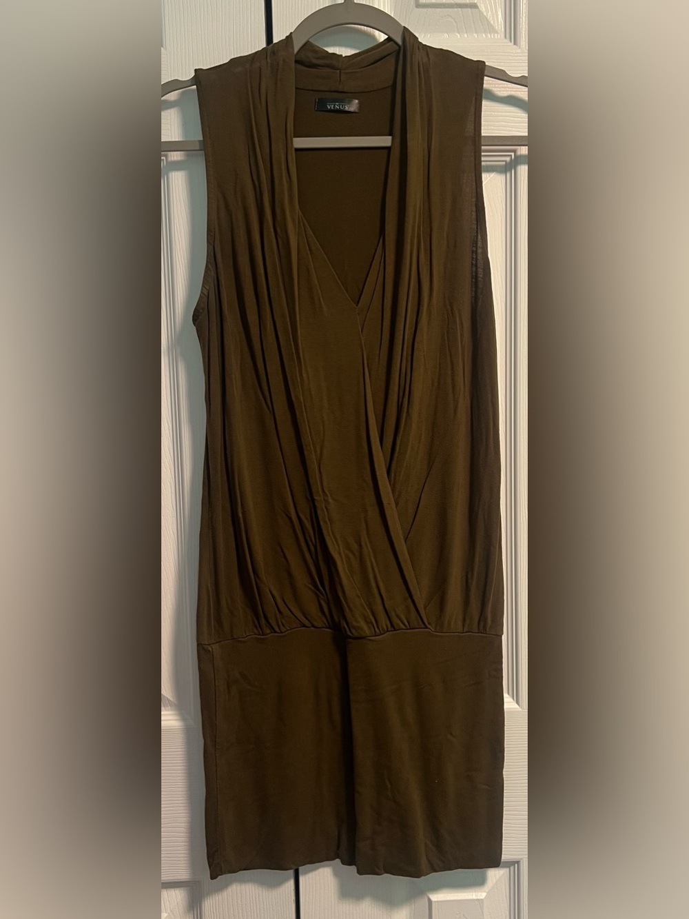 Venus Sleeveless Draped Surplice Faux-Wrap Dress in Olive Green